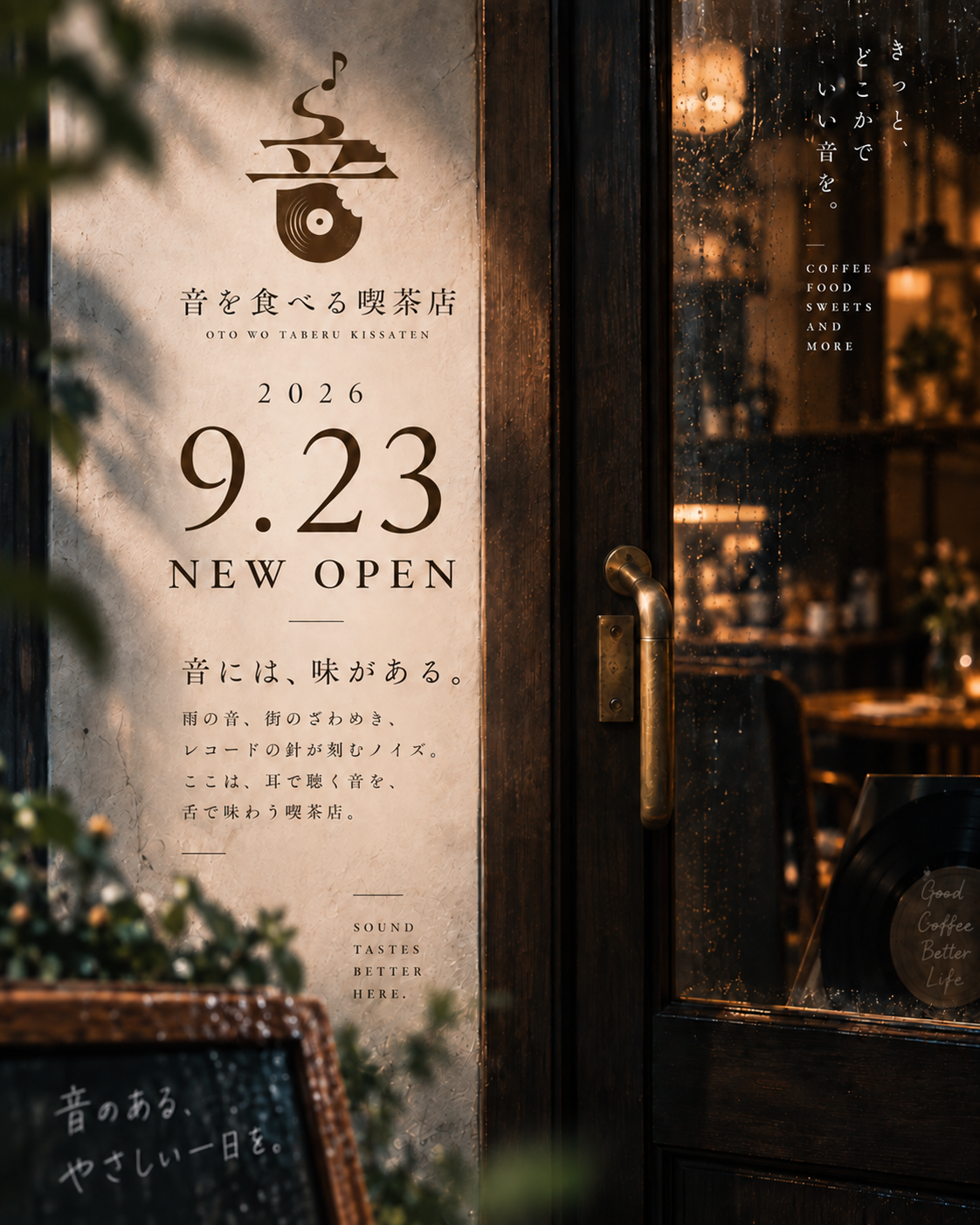 音を食べる喫茶店の扉と雨粒の残る窓