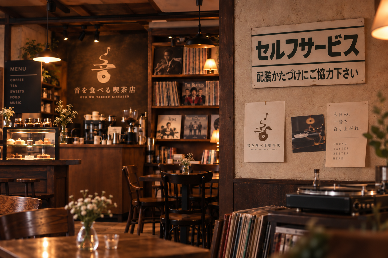 木の家具とレコードが並ぶ音を食べる喫茶店の店内